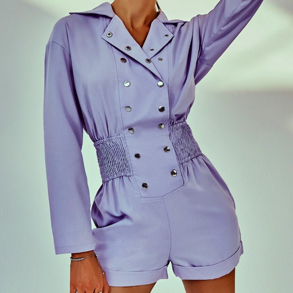 Smock button up long sleeve romper